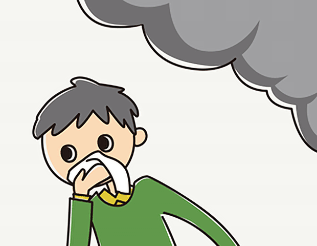 避難する時は煙を避けるため姿勢を低くして濡れ夕オル、ハンカチで鼻や口をふさいで煙を吸い込まないようにしましょう。