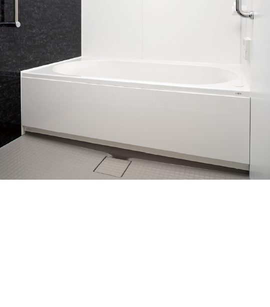 低床式ユニットバス(ラウンド浴槽),浴槽はなめらかな曲線がソフトな印象を与えるシンプルなデザインに。浴槽上部を最大限に広くとり、またぎの高さも抑えて、ゆったり入浴が実現します。