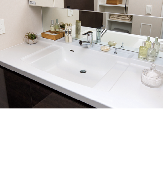 カウンター一体型洗面ボウル,天板とボウルの継ぎ目がないカウンタートップ。ゆるやかにラウンドしたボウル形状が、高級感を演出します。