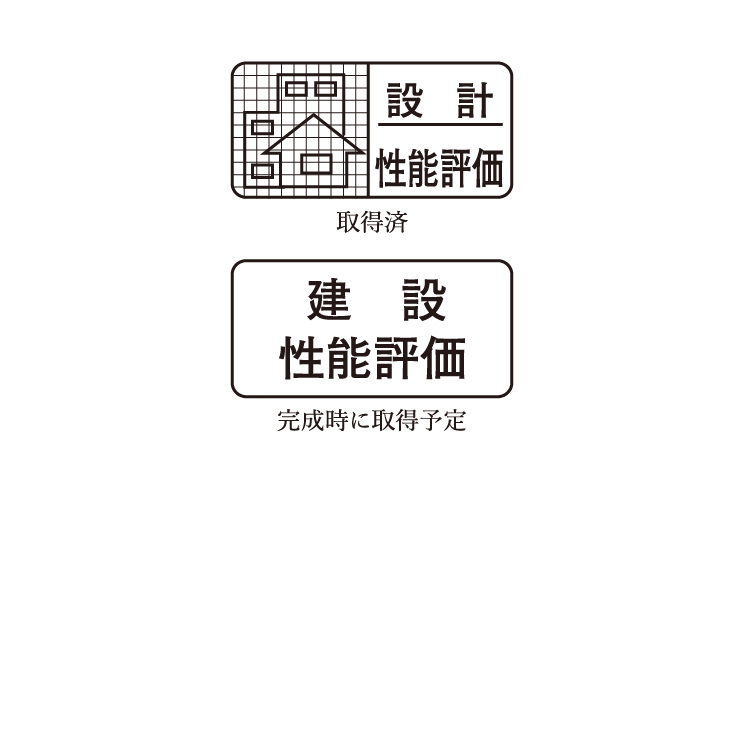 住宅性能評価付きマンション,国が指定した第三者評価機関が共通ルールに基づいて評価する「設計住宅性能評価書」の交付を受けています。さらに、竣工段階の評価の結果「建設住宅性能評価書」の交付を受ける予定です。