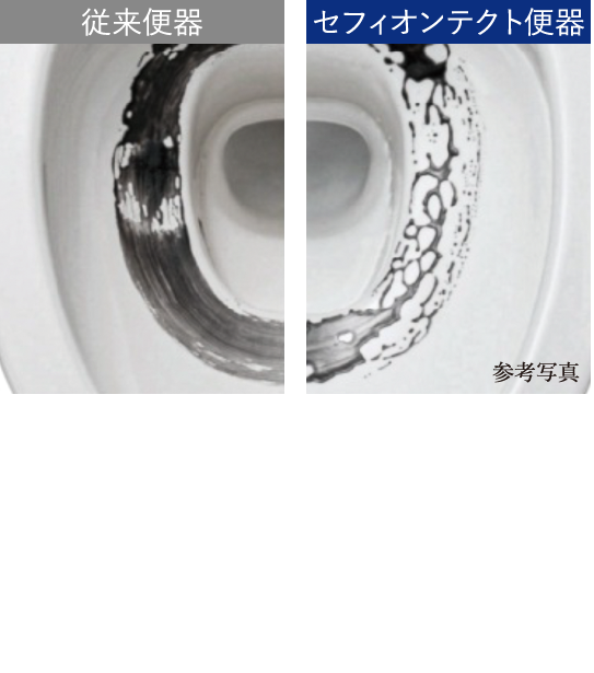 セフィオンテクト便器,超表面平滑加工とイオンパワーの「セフィオンテクト」加工で陶器表面を滑らかに。汚れの付着力を弱め、理想的な自浄力を発揮し、美しさを持続します。