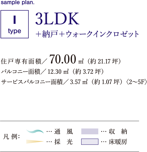 3LDK+納戸+ウォークインクロゼット,住戸専有面積/70.00㎡(約21.17坪)バルコニー面積/12.30㎡(約3.72坪)サービスバルコニー面積/3.57㎡(約1.07坪)〈2〜5F