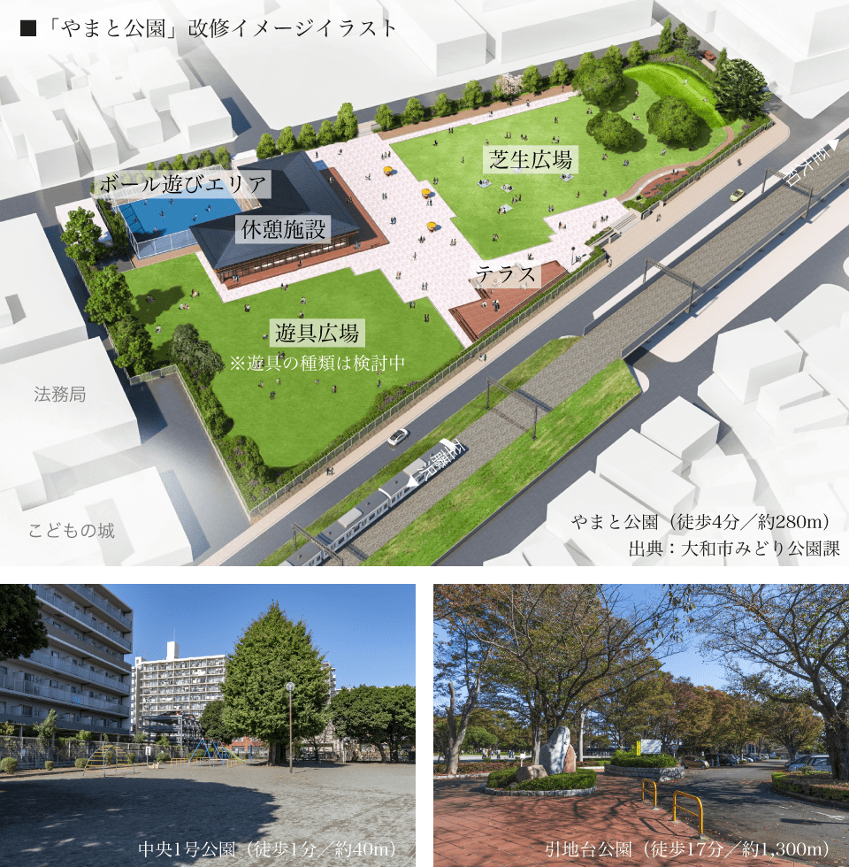 ■「やまと公園」改修イメージイラスト　中央1号公園（徒歩1分／約40m）　引地台公園（徒歩17分／約1,300m）