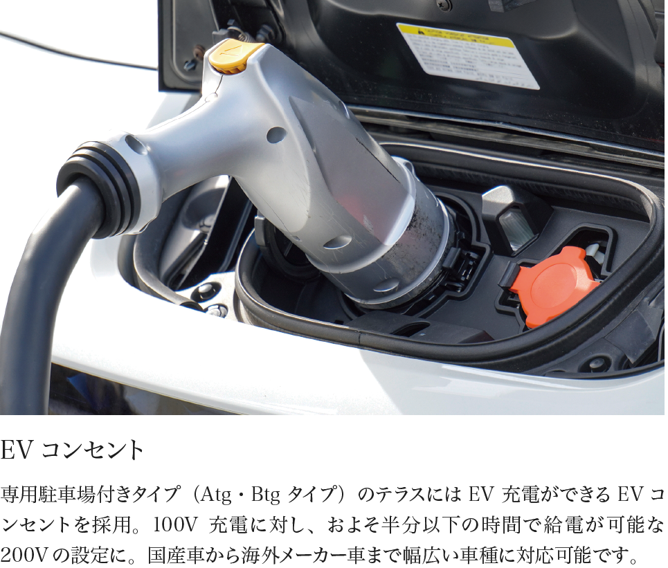 EVコンセント 専用駐車場付きタイプ（Atg・Btgタイプ）のテラスにはEV充電ができるEVコンセントを採用。100V充電に対し、およそ半分以下の時間で給電が可能な200Vの設定に。国産車から海外メーカー車まで幅広い車種に対応可能です。
