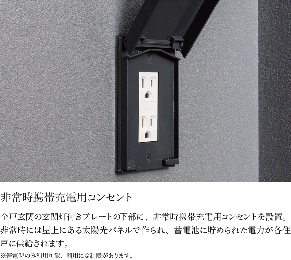 非常時携帯充電用コンセント 全戸玄関の玄関灯付きプレートの下部に、非常時携帯充電用コンセントを設置。非常時には屋上にある太陽光パネルで作られ、蓄電池に貯められた電力が各住戸に供給されます。※停電時のみ利用可能、利用には制限があります。