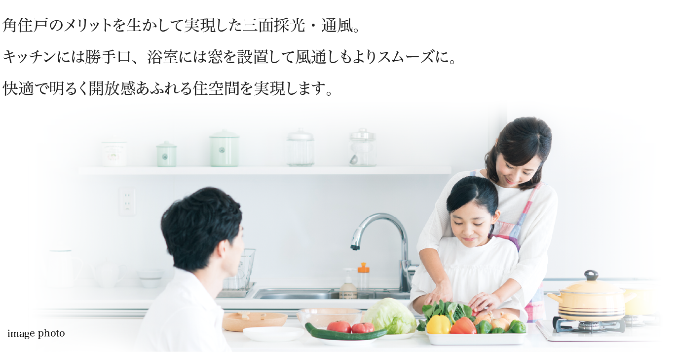 角住戸のメリットを生かして実現した三面採光・通風。
					キッチンには勝手口、浴室には窓を設置して風通しもよりスムーズに。
					快適で明るく開放感あふれる住空間を実現します。