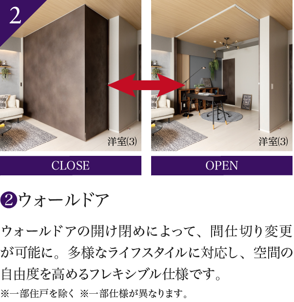 2 ウォールドアの開け閉めによって、間仕切り変更が可能に。多様なライフスタイルに対応し、空間の自由度を高めるフレキシブル仕様です。※一部住戸を除く ※一部仕様が異なります。