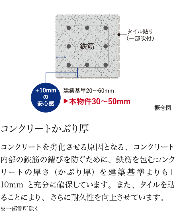 コンクリートかぶり厚 コンクリートを劣化させる原因となる、コンクリート内部の鉄筋の錆びを防ぐために、鉄筋を包むコンクリートの厚さ（かぶり厚）を建築基準よりも＋10mmと充分に確保しています。また、タイルを貼ることにより、さらに耐久性を向上させています。※一部箇所除く